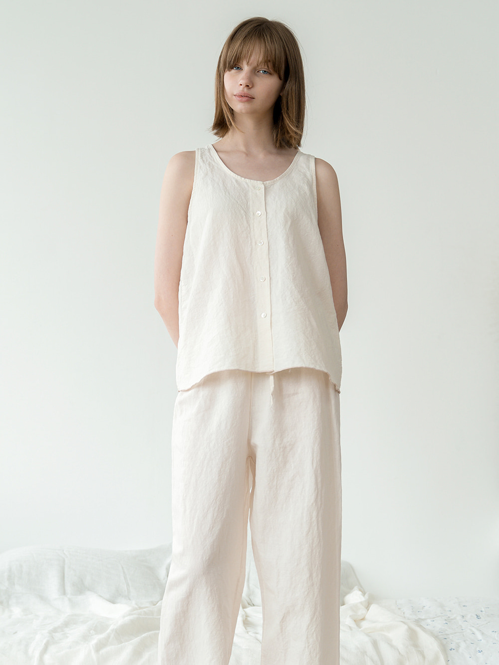 무지 린넨 민소매 여름 여자 잠옷세트 홈웨어세트 파자마세트 2색상