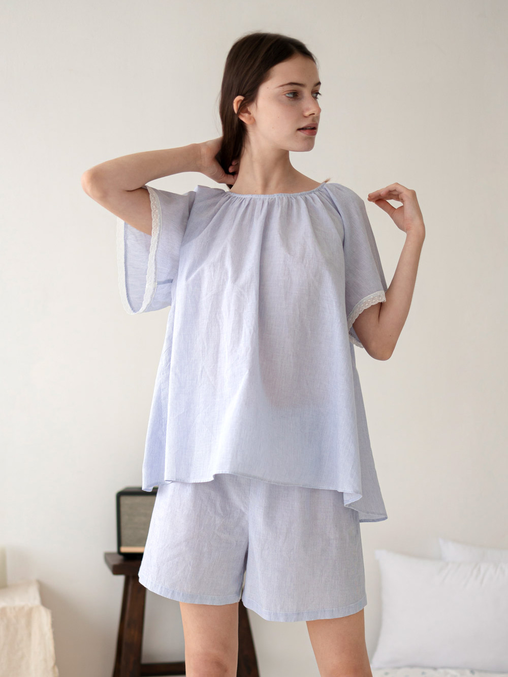 코즈넉 KOZNOK - 스트라이프 반팔 여자 여름 홈웨어세트 잠옷세트 파자마세트 2색상