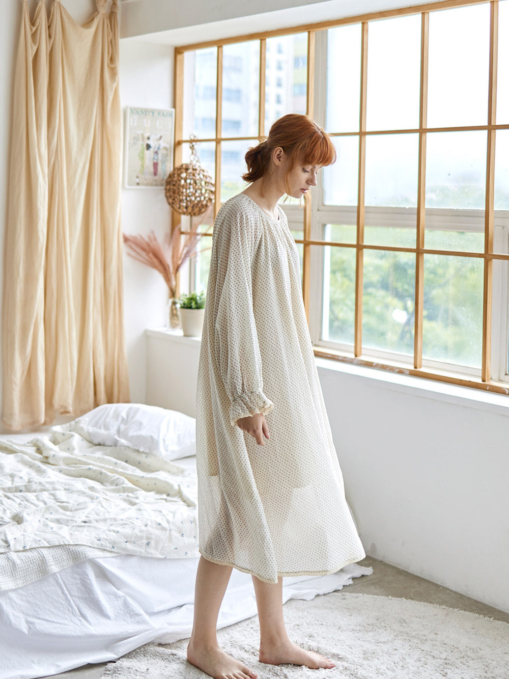 코즈넉 KOZNOK - 도트 벨라 프릴 면 잠옷 수면 파자마 여성 홈웨어 원피스
