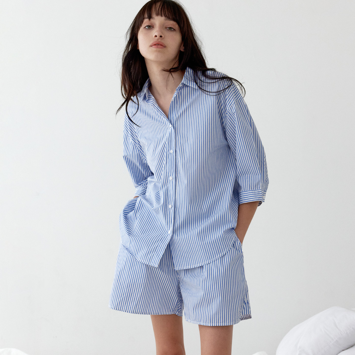 코지 스트라이프 반팔 여름 여성 잠옷 세트 반바지 셔츠 파자마 블루