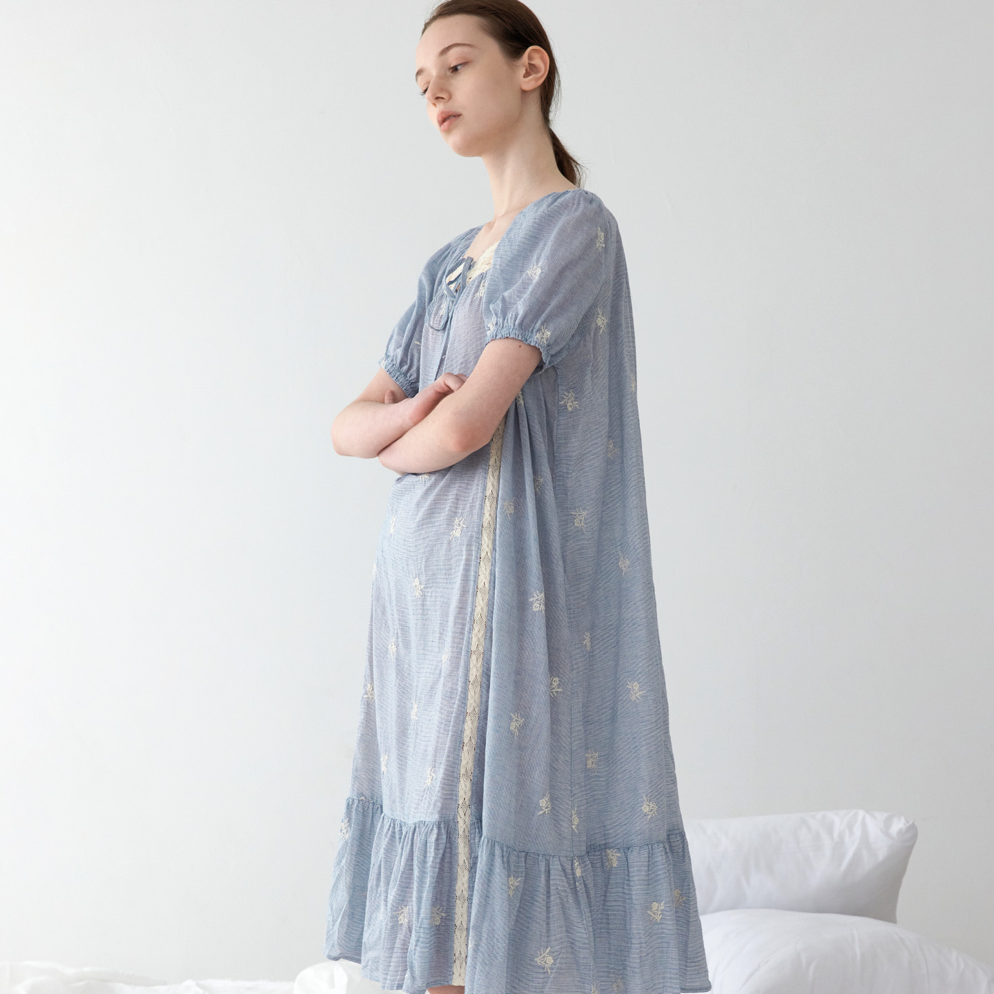 멜린 레이스 스트라이프 여름 여성 홈웨어 원피스 잠옷 공주 파자마 드레스