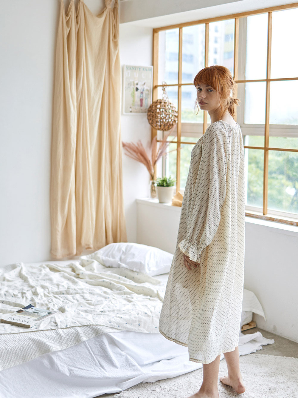 코즈넉 KOZNOK - 도트 벨라 프릴 면 잠옷 수면 파자마 여성 홈웨어 원피스