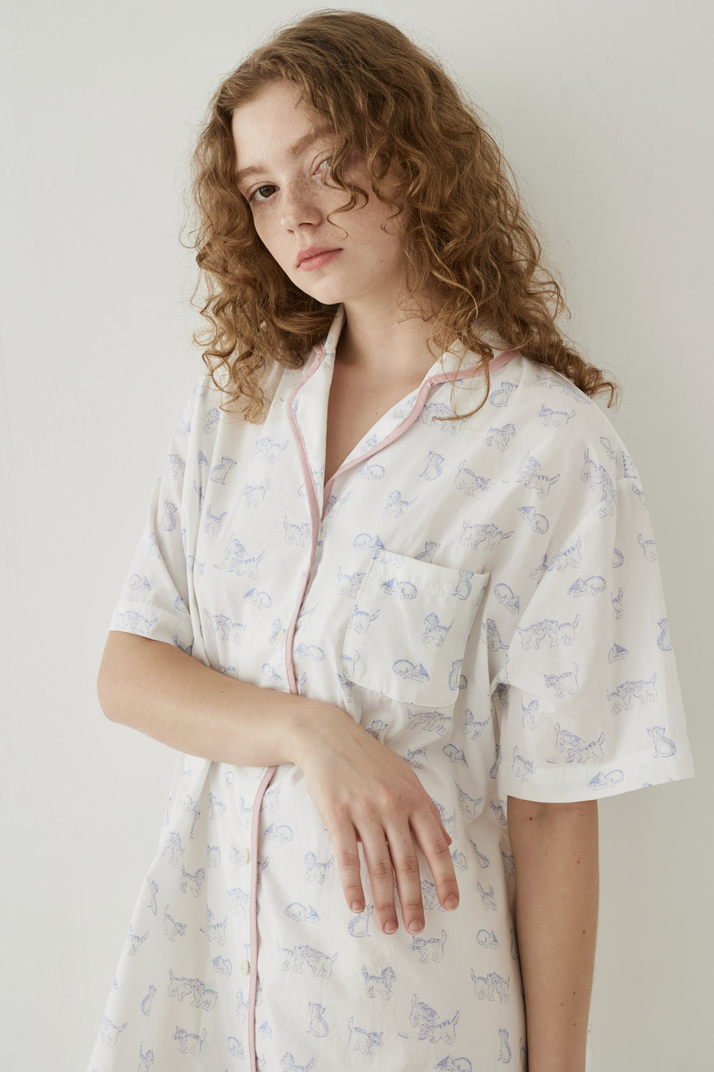 캣 셔츠 로브가운 여름 여성 홈웨어 원피스 잠옷