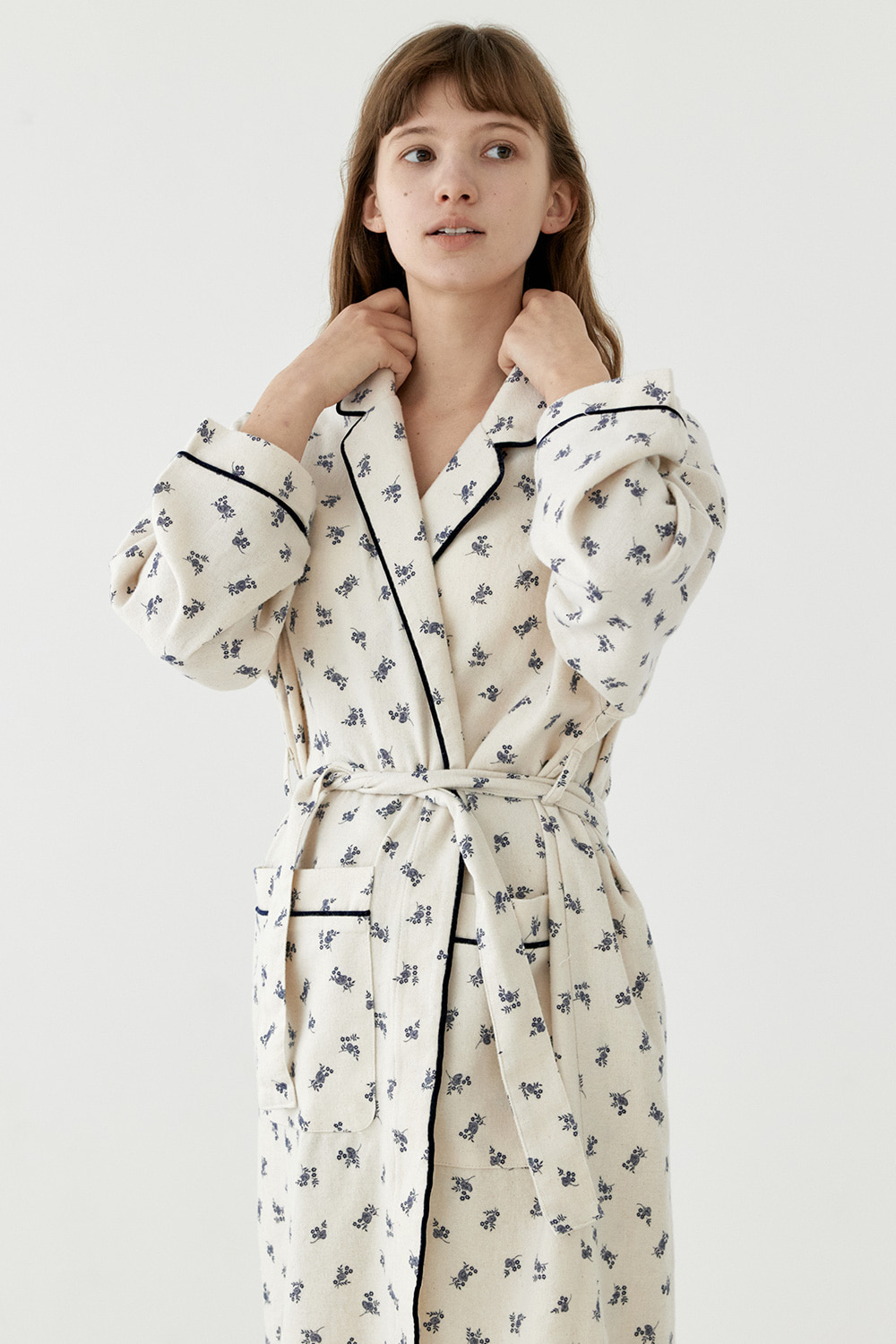 콜린 기모 로브 나이트 가운 겨울 여성 잠옷 세트 파자마