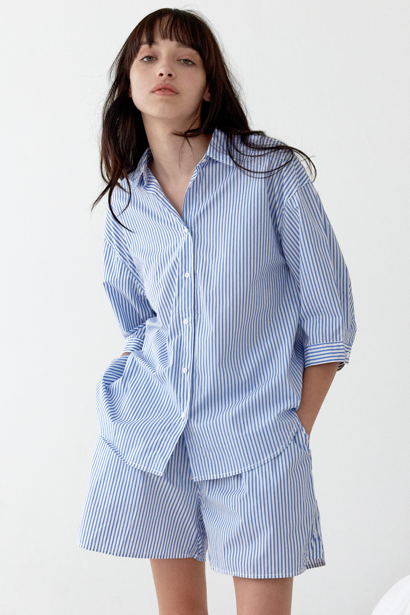 코지 스트라이프 반팔 여름 여성 잠옷 세트 반바지 셔츠 파자마 블루
