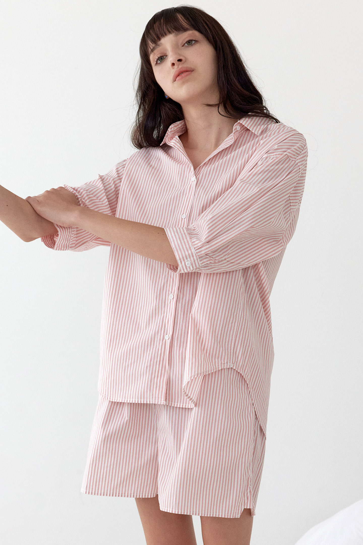 코지 스트라이프 반팔 여름 여성 잠옷 세트 반바지 셔츠 파자마 핑크
