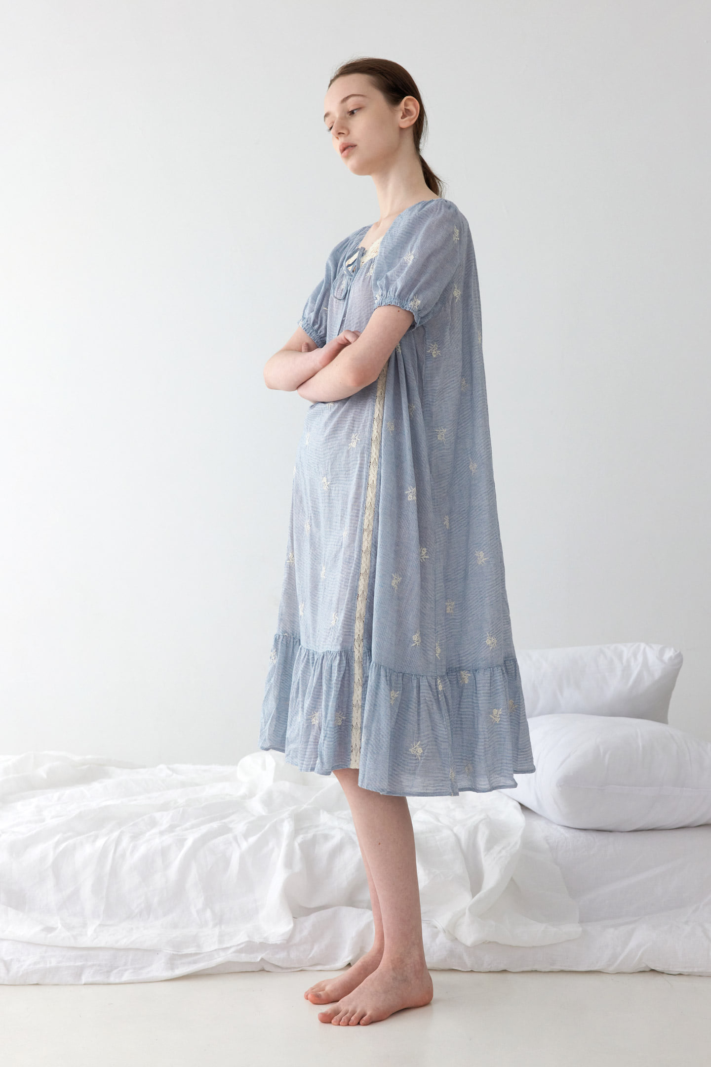 멜린 레이스 스트라이프 여름 여성 홈웨어 원피스 잠옷 공주 파자마 드레스