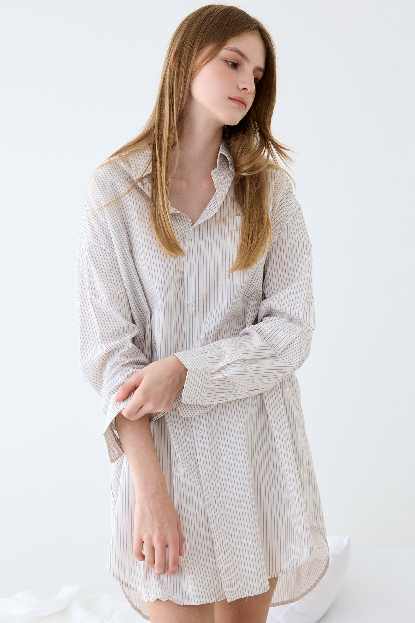 리콘 스트라이프 여성 홈웨어 셔츠 원피스 잠옷 파자마